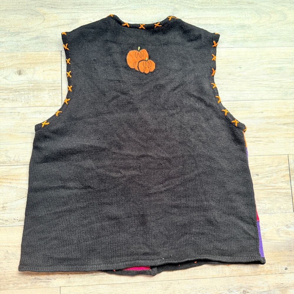 Vintage Halloween Sweater Patchwork Vest XL Witch Pumpkin Bat 90s Knit Kitschy - Picture 2 of 10